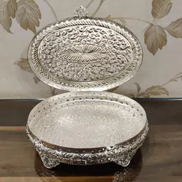 MISHITA COLLECTIONS German Silver Handengraved Heavy Peacock Boxes with Improved Carving & Finish for Dryfruits & Jewelry (Size - 6x5 Inch) image 4