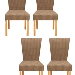 Lukzer 4PC Stretchable Dining Chair Cover/Slipcover with Elastic Bottom (Dark Beige Textured Box Pattern/Seat Height: 45-70cm, Seat Length: 38-52cm, Seat Width: 38–52cm) image 2