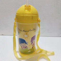 PUTHAK Cute Water Bottles with Straw for Kids Girls Boys, BPA FREE Leak Proof Flip Top Lid & Silicone Sipper & Soft Carry Neck Strap, 500ml (Cartoon Printed) (Yellow) image 2