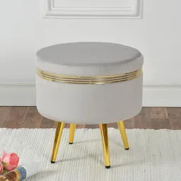 nacia Ottoman Pouffe Stool for Living Room Sitting, Grey (16x16x17 inch, Pack of 2) - Round Footstool/Foot Rest with 4 Wooden & Golden Metal Legs for Dressing Table, Home Decor, Balcony, Bedroom image 2