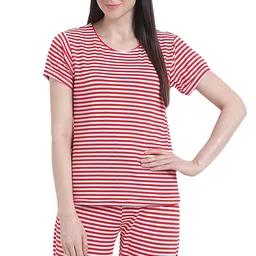 fflirtygo FflirtygoNightwear Capri Set for Women Cotton/Pajama Set for Women/Night Dress/Lounge wear/Night Suit/Short Sleeve/Red and White Color Stripe Printed Capri Set for Ladies image 2