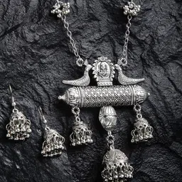 shining diva fashion Latest Oxidised German Silver Afghani Long Chain Pendant Earrings Necklace Jewellery Set for Women (Silver) (12013s) image 3