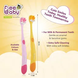BeeBaby Brush Buddy Toothbrush for Kids 3-6 Years, Long Handle for Easy Grip, 10 x Softer Tapered Bristles Ideal for Milk and Permanent Teeth, 100% BPA Free. Yellow & Pink. Pack of 2 image 3
