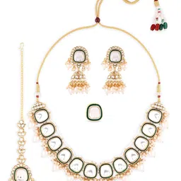 zaveri pearls Green Enamel Kundan & Pearls Bridal Necklace Earring Maangtikka & Ring Set For Women-ZPFK16757 image 1