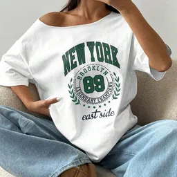 sxv style SXV Loose Asymmetric Neck T-Shirt with New York Brooklyn Print, White Color, Oversized Spring Style image 4