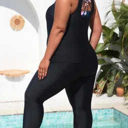 yonique Plus Size Swimsuits for Women Athletic 3 Piece Tankini Tops with Sports Bra and Swim Capris Swimwear Bathing Suit Black & Flamingo 18 Plus image 2