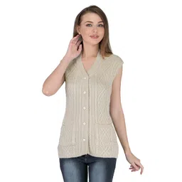 lady willington Women's Wool V-Neck Cardigan (PUREWOOLRAINBOWSEMIHALFSLEEVECOTTY_Off White_2XL) image 1