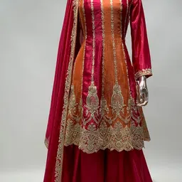 miss ethnik Women's Pink and Orange Color Traditional Chinon Embroidered Stitched Kurta Palazzo Set With Embroidered Dupatta (ME-1132-Pink) image 5