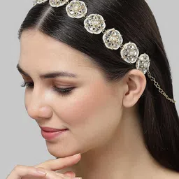 rose petals Gold Plated Traditional Floral Kundan Alloy Pearl Studded Rajasthani Sheesh Patti/Matha Patti Sheesh Phool Mathapatti for Women And Girls image 3