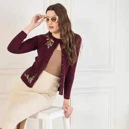 clapton Wool Blend Round Neck Full Sleeve Casual Solid Winter Wear Cardigans for Women-GA3701 image 5