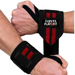 Play2Fit Weight Lifting Wrist Support with Thumb Loop Strap | Velcro & Elastic Band for Men & Women | Gym Wrist Wraps for Fitness, Weightlifting, Hand Grip & Wrist Support (Pack of 2) Black/Red image 1