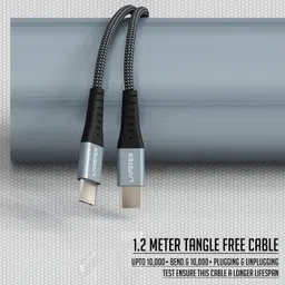 ls lapster quality assured Lapster Rapidzz 60W Fast Charging 1M Braided Type C to Type C Cable for Smartphones, Tablets, Laptops & other Type C devices, PD Technology, 480Mbps Data Sync-zebra image 2