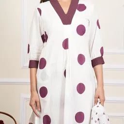 yash gallery Women's White Cotton Cambric Polka Dot Print Calf Length V-Neck with Kantha Work Detaliing 3/4 Sleeves Straight Kurta with Pant and Duptta (White) image 5