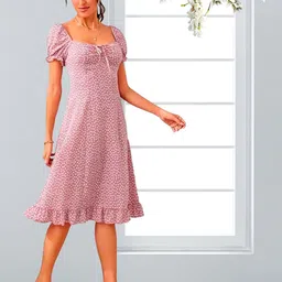 dream beauty fashion Women's Polyester Printed A-line Square Neck Half Sleeve Knee-Long Dress (Dress Momo) image 3