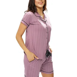 lotik Women's Cotton Strip Print Shirt & Shorts Night Suit Set image 2