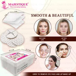 Majestique Premium Makeup Removal Cotton Pads Round and Square | Double Sided 100% Thick Layered Cotton Pad | Soft and Gentle Multipurpose Pads | Face Cleaning Cotton Pads- 150Pcs/1 Box image 2