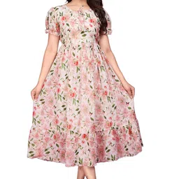 hosi Women's Georgette Floral Printed Puff Sleeve A Line Maxi Dress image 1