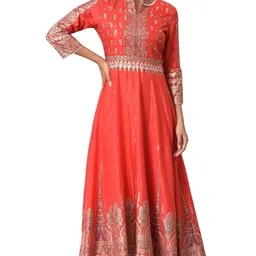 wishful Women's Polyester Tomato Red Festive Mughal Gown Ankle Length Dress image 1