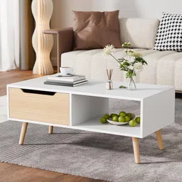 Cozy Castle Modern Coffee Table, Wooden Cocktail Table with Storage, Minimalist Hallway Table, Mid Century Modern Coffee Table for Living Room Apartment Reception, White image 1