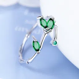yellow chimes Green Crystal Rings - Silver Tone Leafy Shaped Finger Ring for Girls & Women - Adjustable for Birthday & image 3