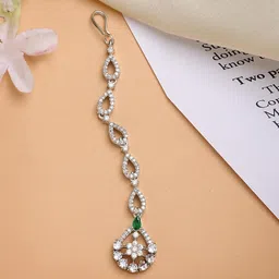 zeneme Rhodium Plated Silver Toned Cascaded American Diamond Crystal Mangtikka For Women & Gifts For Girls image 3