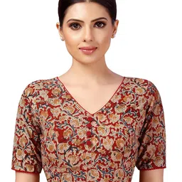 studio shringaar Women's Readymade Cotton Kalamkari Printed Saree Blouse with Elbow Length Sleeves image 1