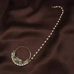 i jewels 18k Gold Plated Traditional Ethnic Bridal Nose Ring/Nath without piercing with Pearl Chain Encased with Pearl Stone for Women/Girls (NL41) image 2