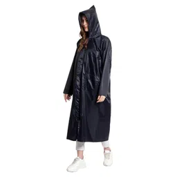 Women's Solid Rain Coat/Overcoat with Hoods and Side Pockets, 100% Waterproof Raincoat (Navy Blue) image 2