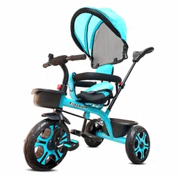 Kidsmate Champ Tricycle with Canopy | Safety Guard Rail and Parental Control | Fabric Cushion Seat & Bell for 12 Months to 48 Months Boys/Girls (Blue) image 1