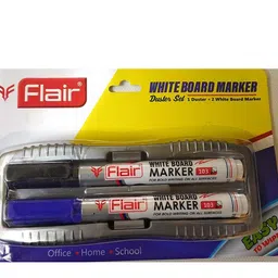 FLAIR Creative Series 103 White Board Duster & Pen Set | Non-Toxic | Bold Tip For Distant View | Safe For Children Usage | Set Of 2 Blue & Black Whiteboard Pen & 1 Duster image 1