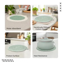 Encasa XO Round Trivet Mats for Hot Dishes with Hanging Loop | Sage Combo - Set of 3 with 18 cm Diameter | Cotton Round Thick Heat Resistant Pot Holders | Use Hot Pads Plate Mats for Hot Pots & Pans image 3