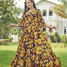 samprag Georgette Gown for Women | Full Length | Printed | Fit & Flare | Flared & Bell Sleeves | Round Neck | Ethenic Dress | Ideal for Casual, Wedding & Party Occassions | Yellow image 2