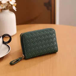 elios Women's Card Holder Wallet Woven Pattern Vegan Leather Card Holder Compact Ladies Purse with 9 Card Slots, and RFID Blocking | Zip Closure | Mini Purse for Women (Green) image 2