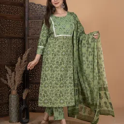 meera fab Women's Cotton Printed Straight Kurta with Palazzo & Dupatta Set with Yoke image 4