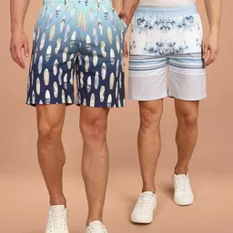 bullmer Regular Fit Cotton Blend Summer Shorts for Men - Pack of 2 | Printed Shorts for Men Blue/White image 2
