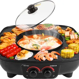 FEELING MALL Multi Functional Electric BBQ Hotpot Non Stick Double Layer Barbecue Grill pan | Korean Style 2 In 1 Multifunctional Nonstick Electric Bbq Raclette Hotpot With Grill Pan (Square Hot Pot) image 3