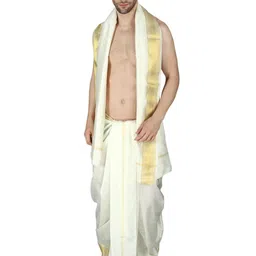 exotic india Cream Dhoti and Angavastram with Golden Woven Border image 2