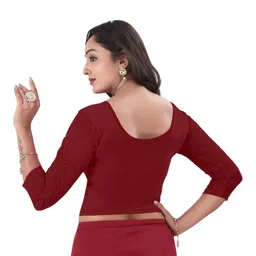 desi girl Round Neck Cotton Lycra Regular Fit Saree Blouse for Women | 3/4 Net Sleeve Readymade Stretchy Plain Design Festive Blouse Perfect for Saree, Lehenga, Kurti | 32 to 44 image 3