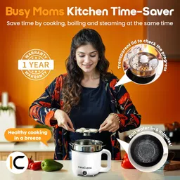 InstaCuppa Stainless Steel 3-In-1 1.2Liter Multi Cook Kettle With Steamer,Non-Stick Inner Pot,Adjustable Temperature,Ideal For Boiling Milk,Tea,Coffee,Eggs&Steaming Veggies,600 Watts,Elegant White image 4