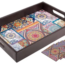 birch & co. Wooden Tray For Serving-Free 4 Coasters-10 Inch X 15 Inch-Serving Tray-Tray Set For Decoration-Tea Trays-Big Coffee Tray-Premium Mdf Trey-Wooden Serving Trays-Resin Tray,Round image 1