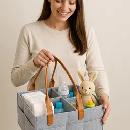 Alivea Diaper Caddy Felt Baby Products Nursery Storage Bin And Car Organizer For Diapers And Baby Wipes(GREY LEATHER HANDLE) image 1