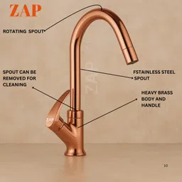Zap Rose Gold Swan Neck Kitchen Sink Tap with 360° Swivel Spout | Premium Pillar Faucet for Kitchen & Wash Basin | Brass Tap for Sink | Sleek Design | Rust-Resistant | Easy Installation image 4