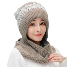 topibaaz Women Beanie Hat Knitted Winter Cap with Scarf Muffler Soft Plush Velvet Fur Woolen Snow Proof Pom Pom Cap Neck Warmer image 1