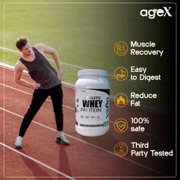 AgeX 100% Pure Athletic Premium Whey Protein 28g, EAA 12.5g with probiotic enzymes for for Muscle Support, Recovery & Weight Management | About 28 servings per container| Vegetarian (1 KG, Chocolate) image 4