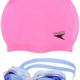 i-swim MENS COSTUME IS-007 WHITE/GREY SIZE 3XL WITH GOGGLES SILICONE IS-1600 WITH POUCH BLUE AND 100% SILICONE SWIMMING CAP PLAIN PINK image 2