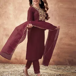 siril Women's Cotton Embroidery Anarkali Kurta Pant with Dupatta Set image 4