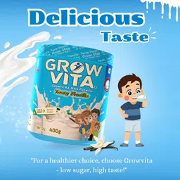 Grow Vita Growth Ka Naya Formula Delicious, Nutritious Malt Base Milk Food, Essential Nutrients Available, Vanilla No Added Sugar Flavours Drink. 400GM image 4