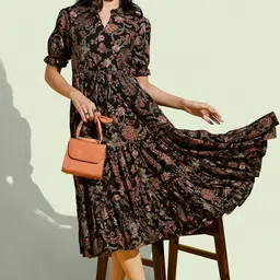 flowervelly Dresses for Women Printed fit and Flare Printed Black Dress Ethnic image 5