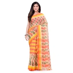 db desh bidesh Women`s Bengal Tant Kolka Print Design Pure Handloom Cotton Saree Without Blouse Piece (Red Yellow) image 1