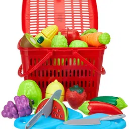 Amazon Brand - Jam & Honey Fruit and Vegetable Basket Toy for Kids|Pretend and Play Food Basket |Realistic Cutting and Slicing | Ideal for Kids Age 3+/7 Fruits/7 Vegetables/1 Chopping Board/1 Knife, image 1